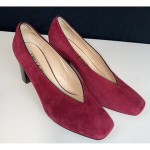 LELLA BALDI  Suede Vero Cuoio Made In ITALY VCut Vamp Square Toe Block Heel 39.5